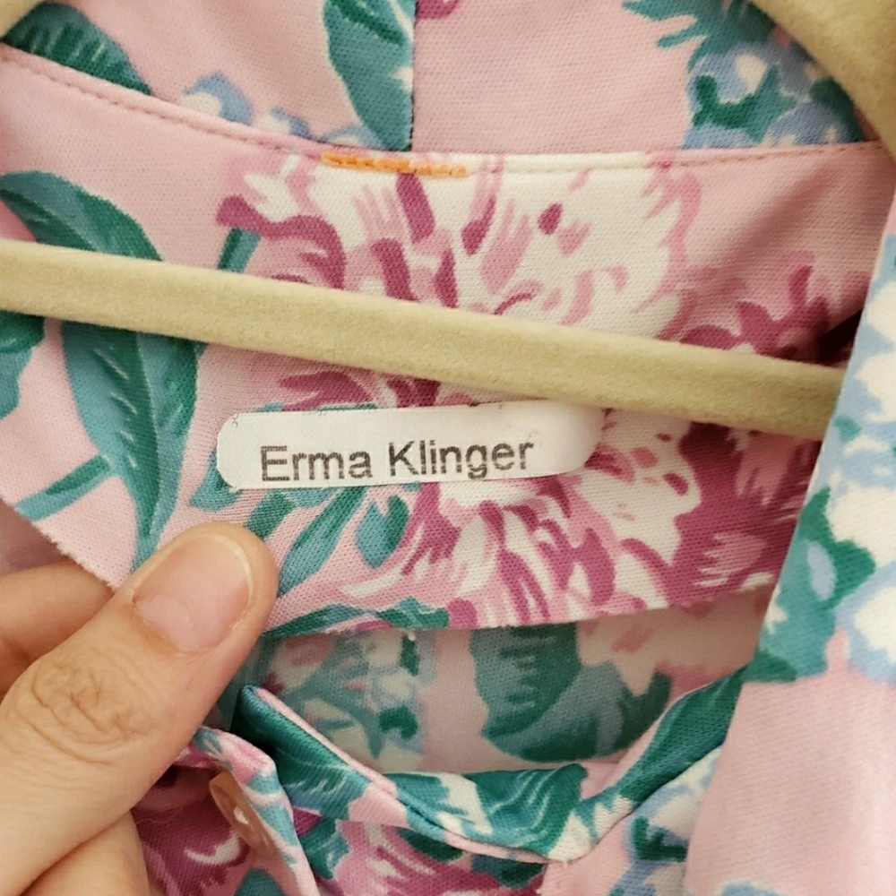 Vintage Tie-bow Floral Print Button Front Long Sleeve Blouse Pink Green - Picture 7 of 11